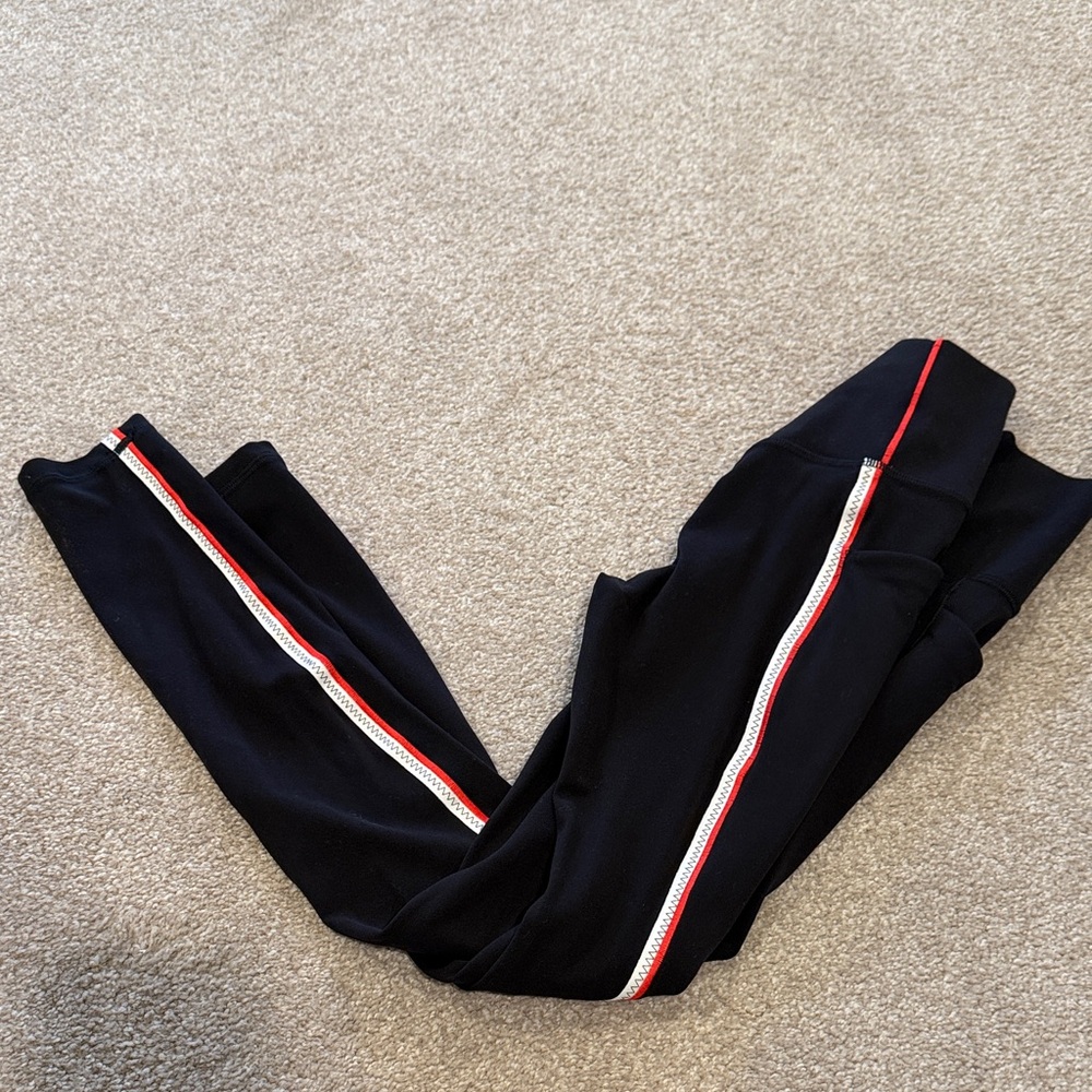 Athleta Black Leggings with Red and White Stripes